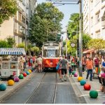 Nostalgic tram on a busy street in Kadıköy