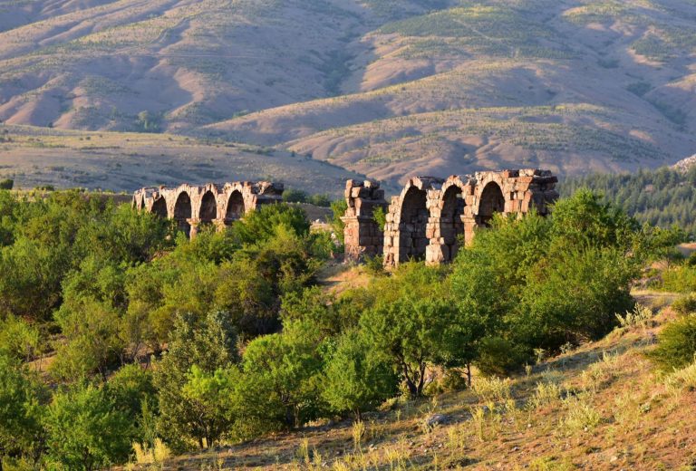 Roman aqueduct ruins in the Anatolian countryside
