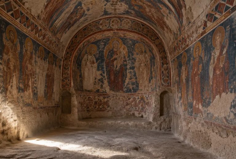 Frescoed interior of a rock-cut church in Cappadocia