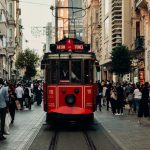 Red nostalgic tram on İstiklal Avenue